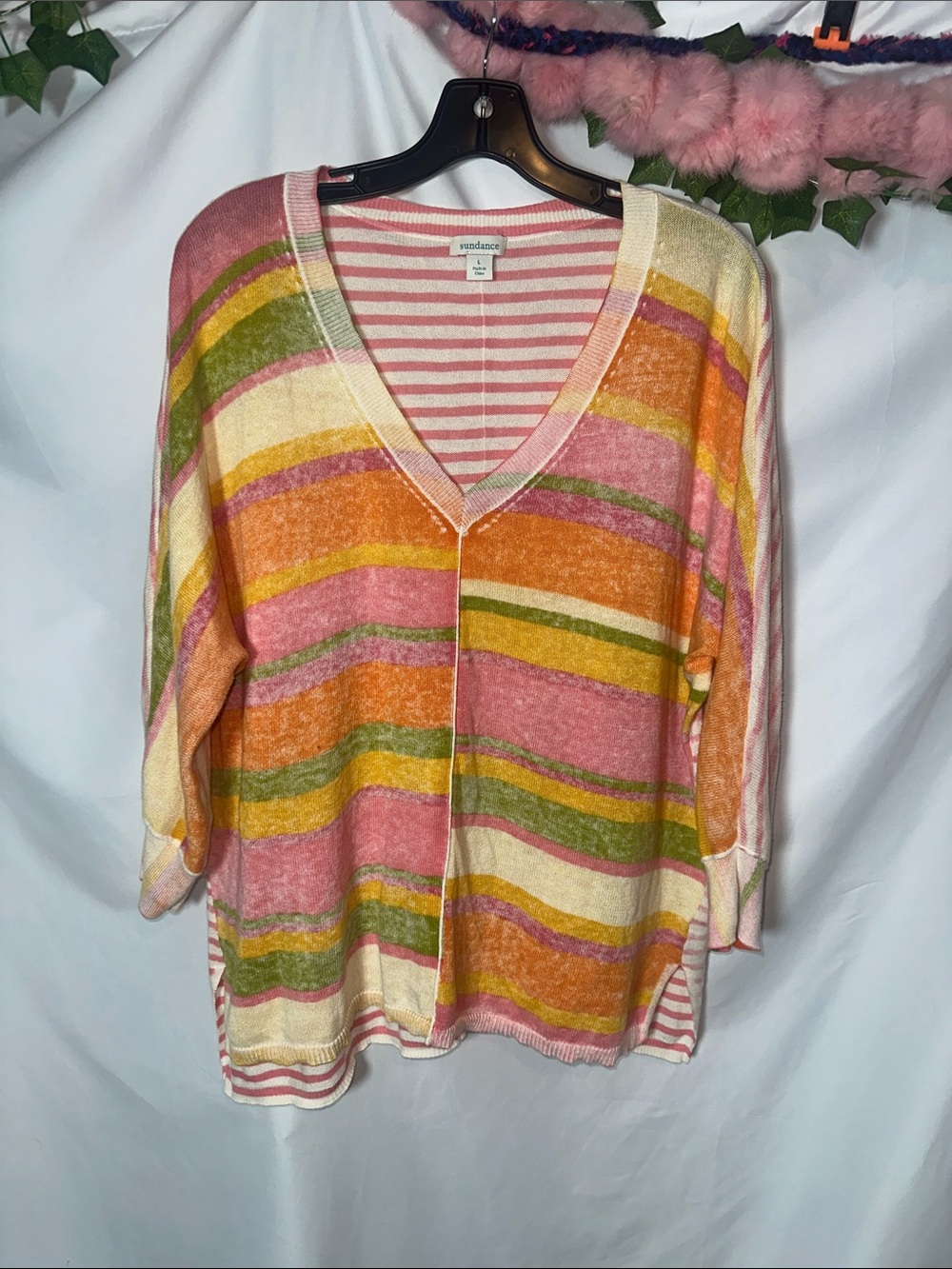 Sundance Multicolor Striped V-Neck Sweater - Pink, Orange, Yellow, Green, Cream